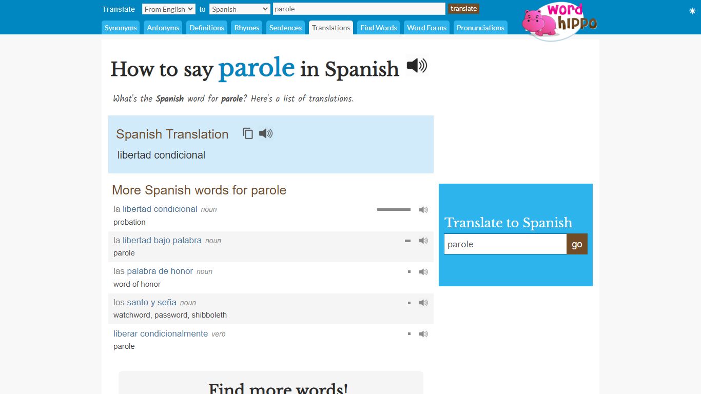 How to say parole in Spanish - wordhippo.com